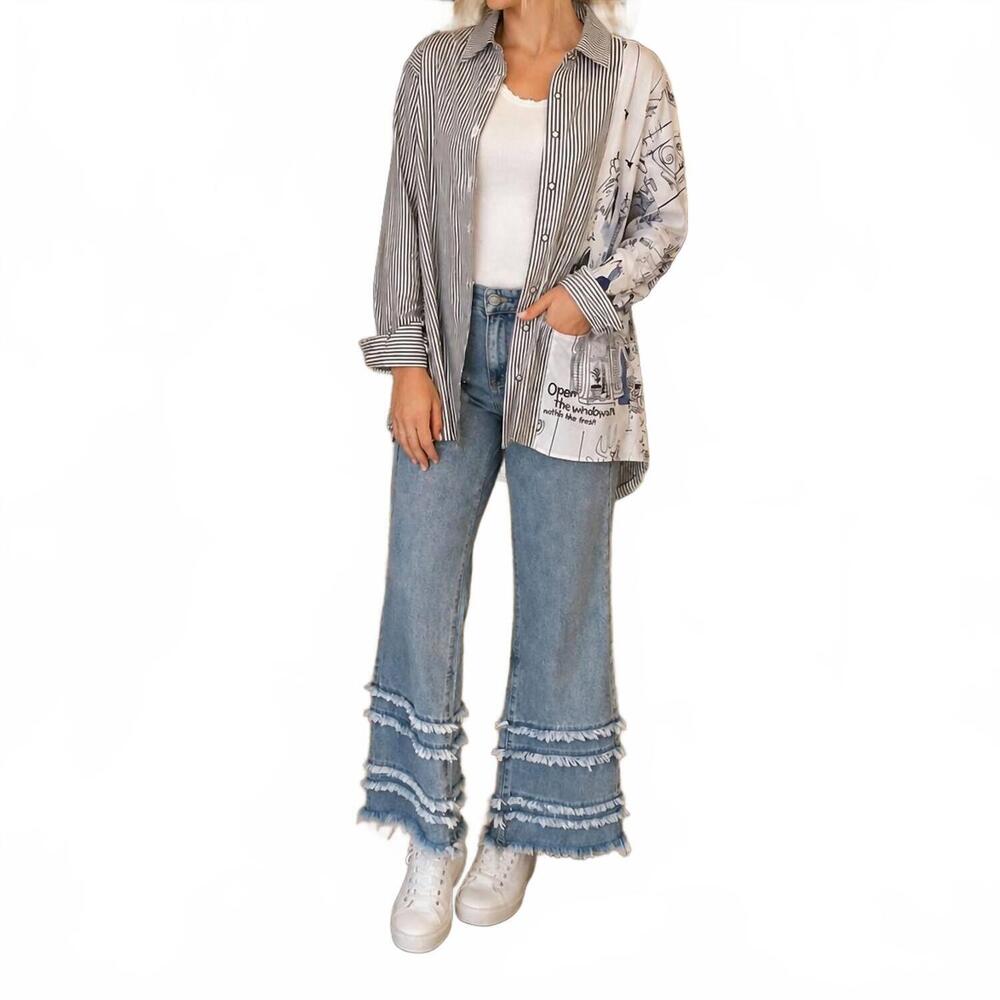 NEW DOLCEZZA woven blouse in white/grey stripe